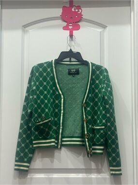 Green Monogram Knit Cardigan with Cream Trim: ellandemn